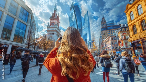A woman with long hair is taking a picture of a busy city street
