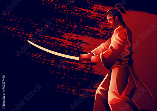 Dynamic vector illustration, featuring a grunge-style depiction of a samurai poised for battle, katana in hand