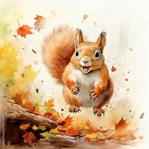Sprightly squirrel, acorn treasure, autumn leaves watercolor, energetic scamper, cute