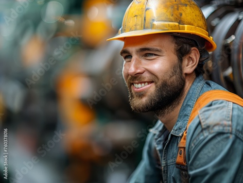 A man wearing a yellow hard hat and a blue shirt is smiling