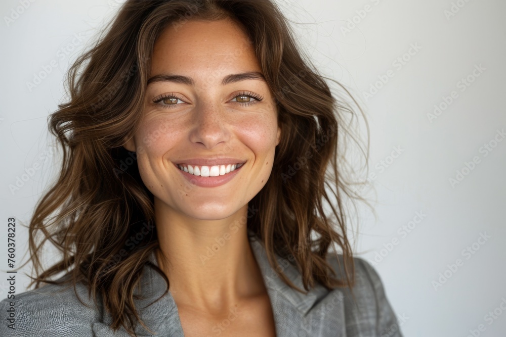 Naklejka premium A woman with long brown hair and a grey jacket is smiling