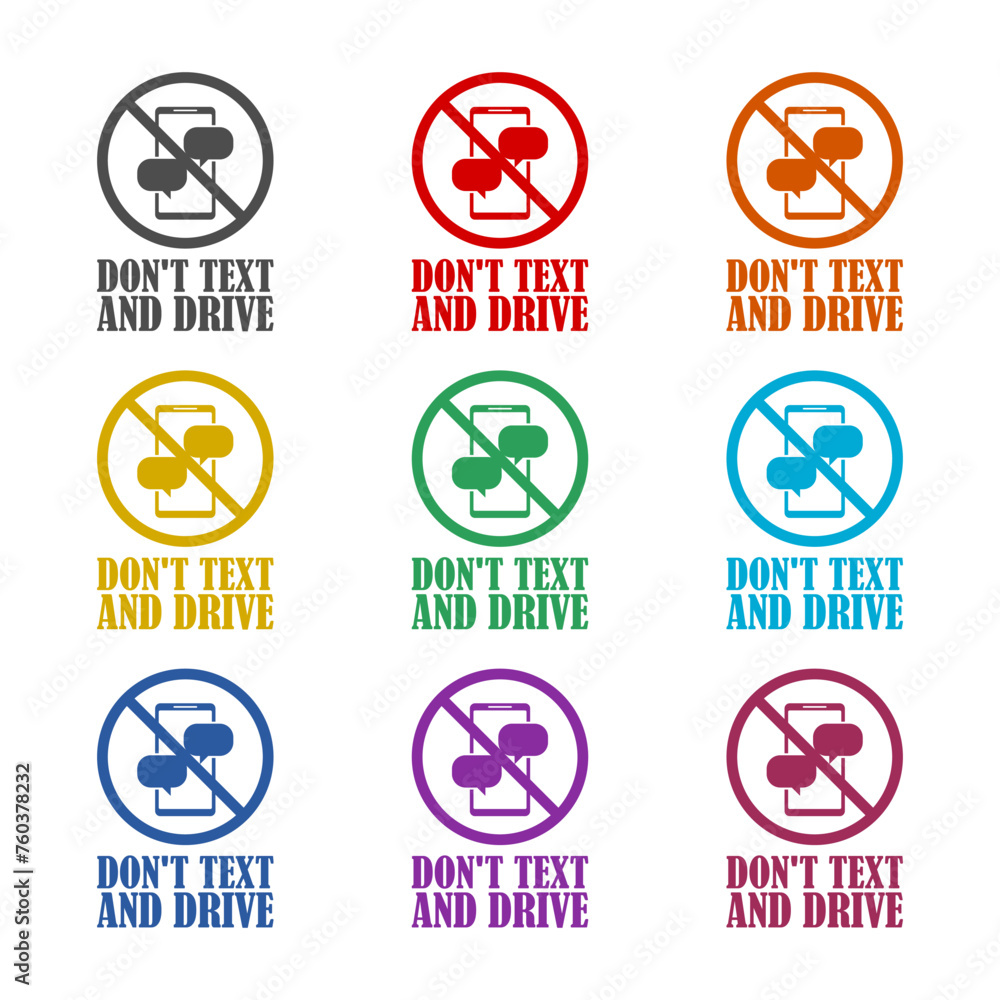 No texting, no cell phone use while driving icon isolated on white background. Set icons colorful No texting, no cell phone use while driving icon isolated on white background. Set icons colorful