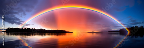 Ethereal Twilight Sky with Spectacular Double Rainbow Arcing over a Serene Landscape