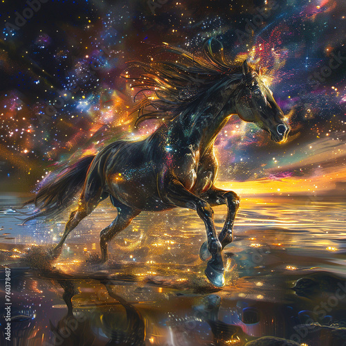 Photorealistic dark cosmic scene roan horse galloping surreal atmosphere with psychedelic effects intense gaze photo