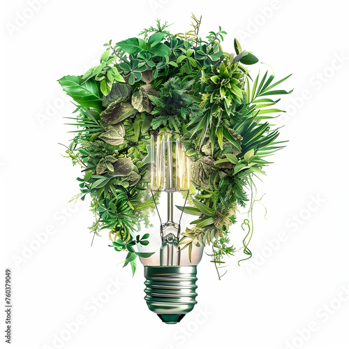 Green leaves growing on light bulb - Saving energy and eco concept isolated on white background