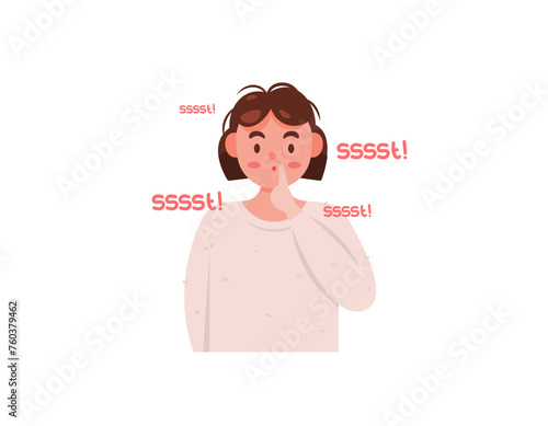 Shushing. Illustration of a girl asking to be quiet and calm. telling them to stop talking or making noise. gestures. Flat style girl character design. graphic elements. Vector