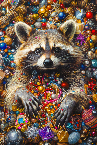 Raccoon amidst a treasure trove of shiny party favors its mischievous nature adding to the fun and surprise