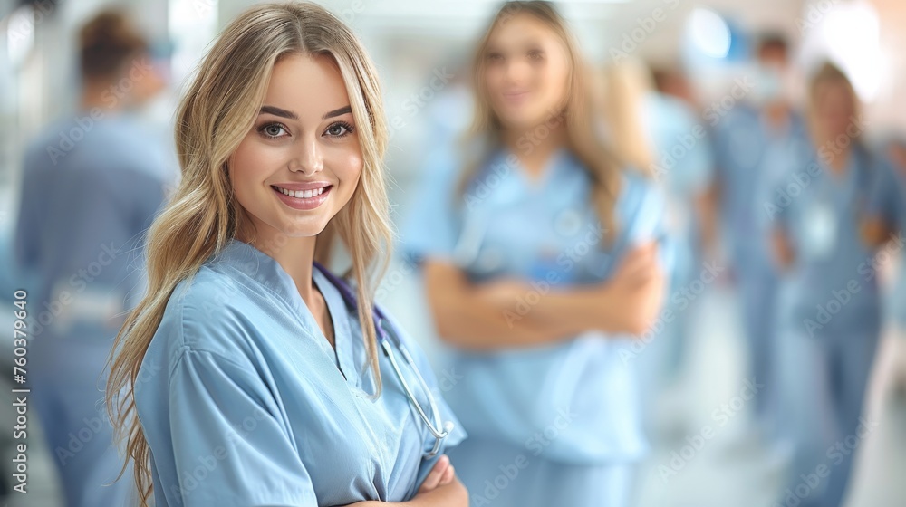 A group of nurses are walking down a hallway with smiles on their faces A group of nurses are walking down a hallway with smiles on their faces