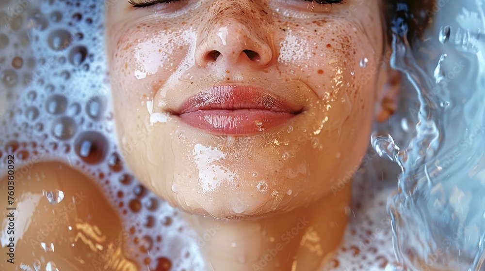 A woman is smiling while her face is splashed with water A woman is smiling while her face is splashed with water