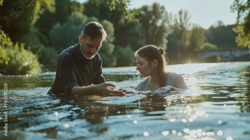 man helping woman swimming in water