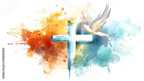 colorful watercolor christian cross with dove of peace isolated on white or transparent png photo