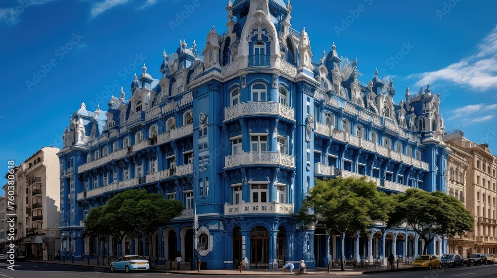 Fototapeta premium architecture blue hotel building illustration luxury design, modern facade, entrance lobby architecture blue hotel building