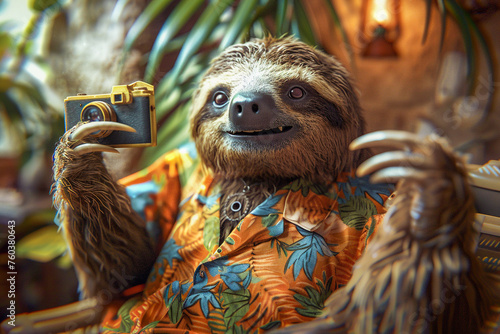 Sloth in a Hawaiian shirt on vacation taking selfies with a vintage camera a leisurely and humorous scene