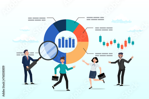 Business people marketing team analyse graph and chart, data analytics, statistic to analyse, business graph dashboard, marketing research, diagram for optimisation, big data and information (Vector)