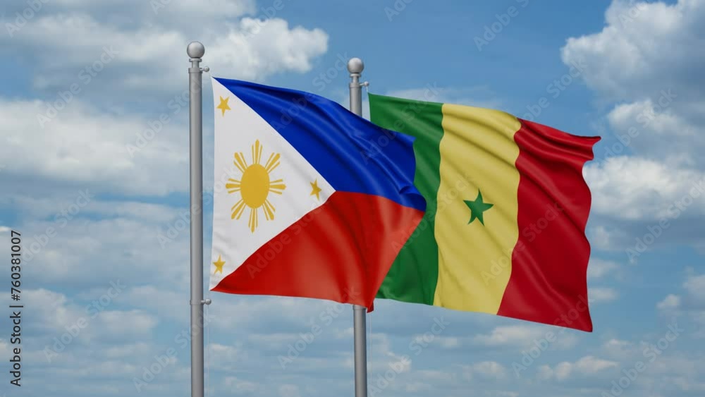 Republic of Senegal and Philippines two flags waving together, looped video, two country cooperation concept Republic of Senegal and Philippines two flags waving together, looped video, two country cooperation concept