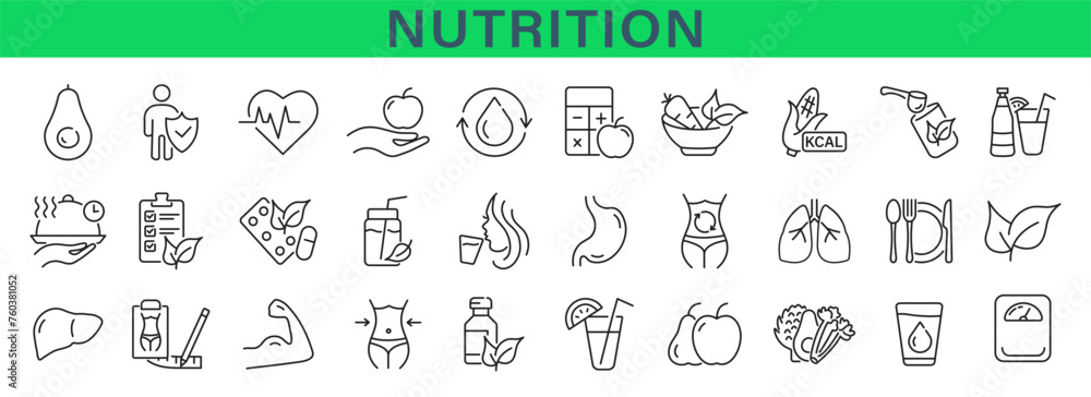 Nutrition icons set. Collection of healthy food and detox. Vector Illustration. - obrazy, fototapety, plakaty 