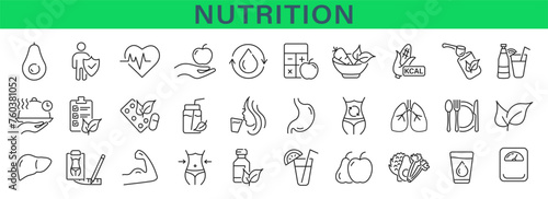 Nutrition icons set. Collection of healthy food and detox. Vector Illustration.