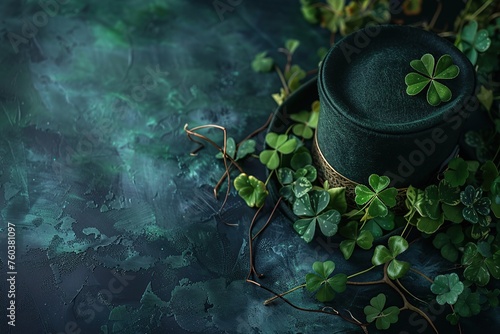 St. Patrick's day background with green clover leaves and green top hat