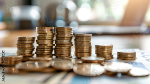 Coins stacked on each other in different positions with blurred background.