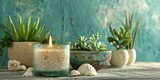 Serenity Corner. Candle Illuminating a Table adorned with Succulents, Mini Green Plants in Glass Vases, and White Rocks, Against a Stone Background