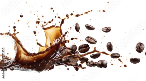 Caffeine Burst. Coffee Splash with Scattered Coffee Beans on a Clean White Background