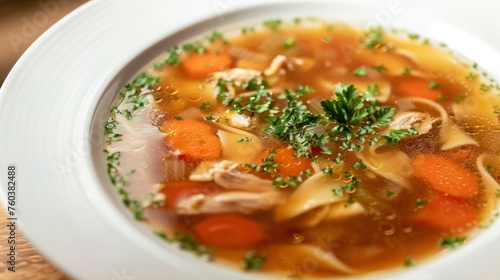 Closeup of chicken noodle soup