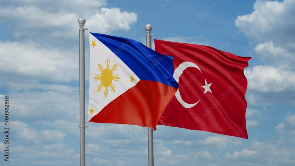 Republic of Turkey and Philippines two flags waving together, looped video, two country cooperation concept Republic of Turkey and Philippines two flags waving together, looped video, two country cooperation concept
