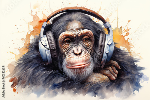Chimpanzee listening to music. Watercolor drawing photo