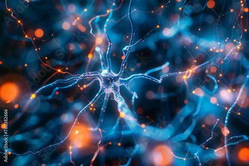 Neuron network sparking, transmitting impulses. Digital brain, neural connections with electrical activity. Neuroscience research, cognitive science representation. Cybernetic network