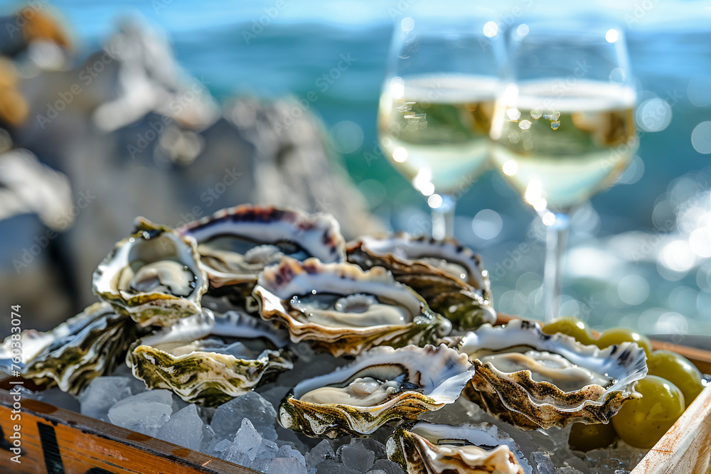 Fototapeta premium Fresh oysters on ice with white wine by the ocean, luxury seaside dining with seafood. Perfect for culinary refinement and summer refreshments. Elegant celebration of marine delicacies