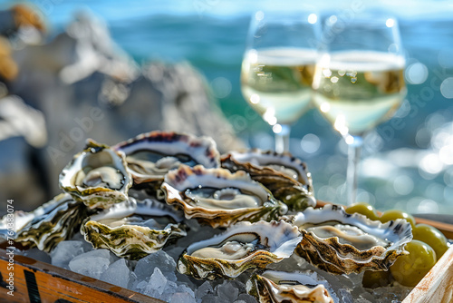 Fresh oysters on ice with white wine by the ocean  luxury seaside dining with seafood. Perfect for culinary refinement and summer refreshments. Elegant celebration of marine delicacies