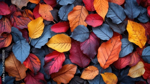 A carpet of vivid autumn leaves creates a rich texture of reds, oranges, and yellows, capturing the essence of fall.