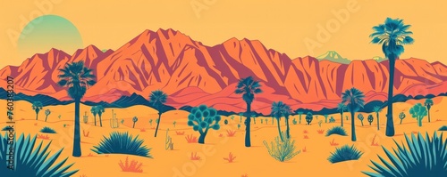 Retro Chic. Minimalist Line Drawing of a Palm Springs Tree Scene Infused with Vintage Vibes