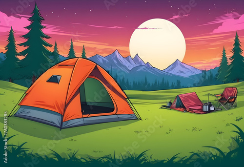 A cartoon of a tent and a campfire in a field, camping tent placed on a green meadow in the evening in nature background illustration Generative ai