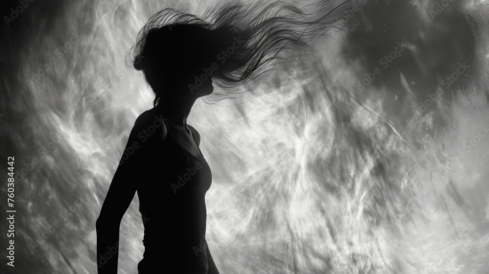 Dynamic movement frozen in HD, a girl model's silhouette against a solid canvas creating a visually stunning composition.