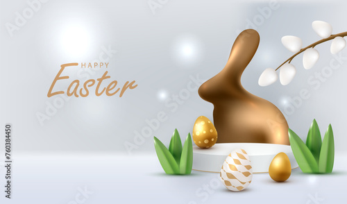 Chocolate rabbit Holiday Easter card. Display podium background. Stage with gold eggs and sweet candy bunny. Studio with white backdrop. Modern creative card vector illustration.	
