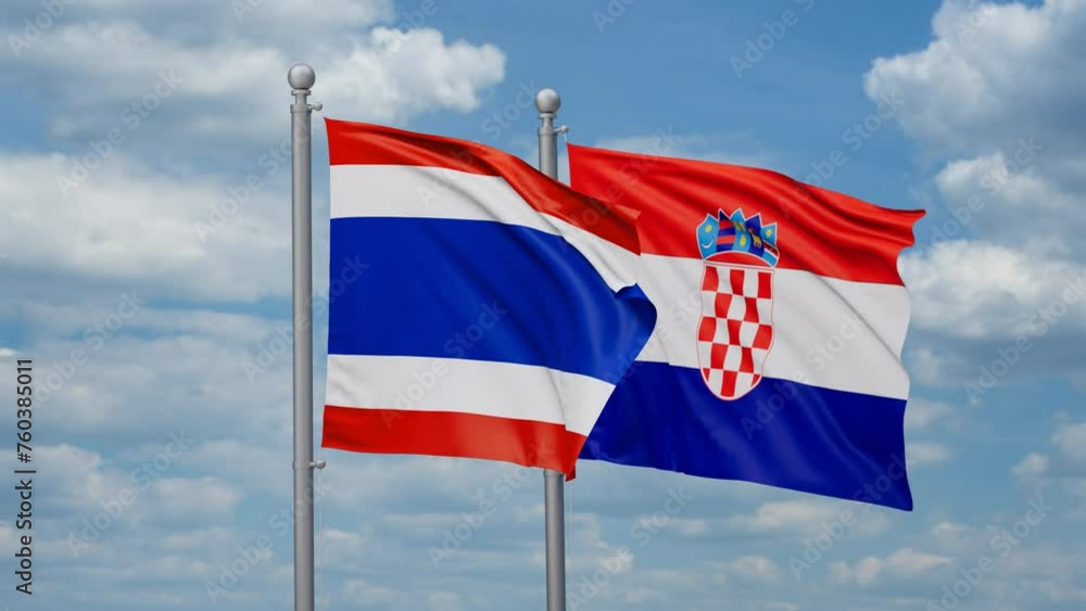 Croatia and Thailand two flags waving together, looped video, two country cooperation concept Croatia and Thailand two flags waving together, looped video, two country cooperation concept