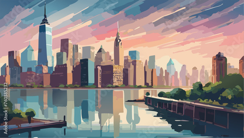 New York city skyline panorama at sunset