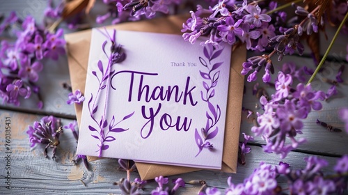 "Thank You" on a personalized thank you card featuring custom calligraphy and monogrammed initials on a soft lavender background, adding a personal touch to the expression of gratitude.