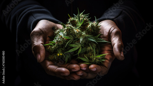 hands holding marijuana bud cannabis, legalization of marijuana in the world, hand holding weed. photo