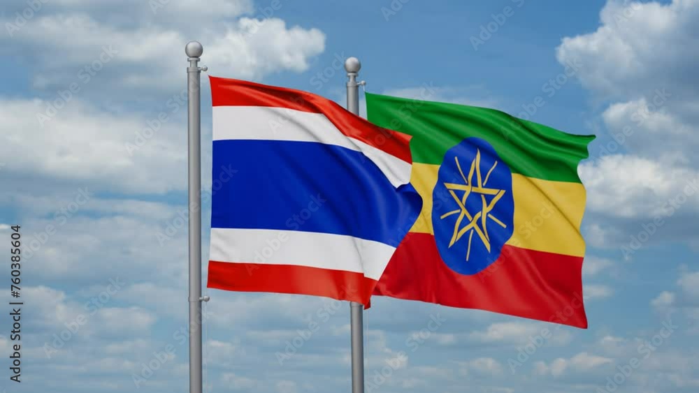 Ethiopia and Thailand two flags waving together, looped video, two country relations concept Ethiopia and Thailand two flags waving together, looped video, two country relations concept