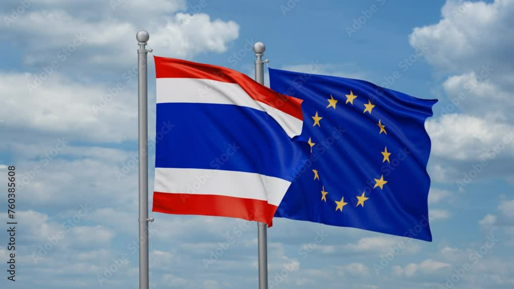 European Union and Thailand two flags waving together, looped video European Union and Thailand two flags waving together, looped video