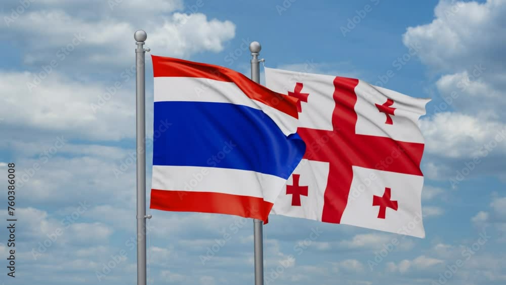 Georgia and Thailand two flags waving together, looped video, two country relations concept Georgia and Thailand two flags waving together, looped video, two country relations concept