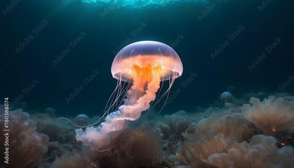 A Jellyfish In A Sea Of Glowing Sea Organisms Upscaled 4