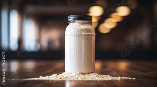 Can of protein or gainer powder with blank label with powder, Food Supplement Plastic Jar  with bokeh lights in the background, Protein bottle Mockup photo