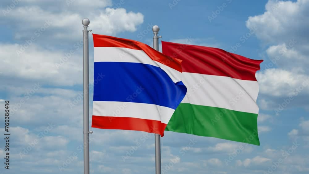 Hungary and Thailand two flags waving together, looped video, two country relations concept Hungary and Thailand two flags waving together, looped video, two country relations concept