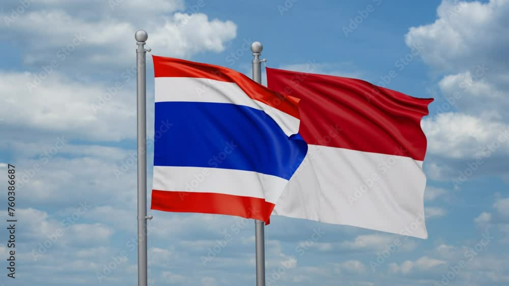 Indonesia and Thailand two flags waving together, looped video, two country relations concept Indonesia and Thailand two flags waving together, looped video, two country relations concept