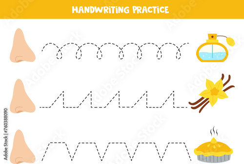 Tracing lines for kids. Nose and objects, Sense of smell. Handwriting practice.