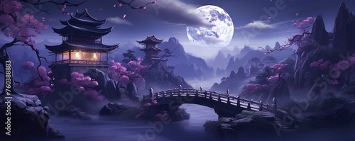 Moonlit Serenity. Chinese-style Background with Ancient Pavilion, Bridge, and Mountains, Bathed in Moonlight.