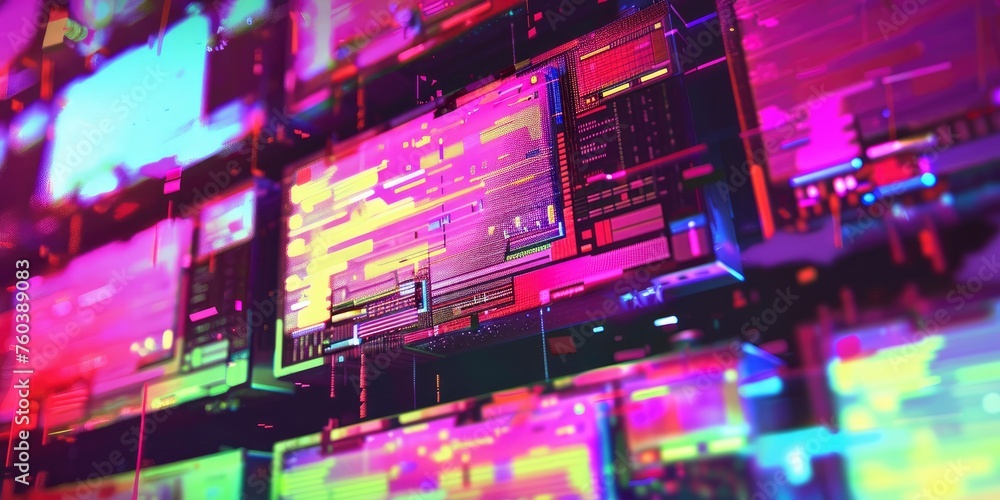 Analog Anomalies, Glitched Video Screens Showing Colorful Digital Noise, Evoking the Aesthetic of Old VHS Tapes and Analog Recordings.